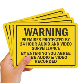SmartSign (Pack of 4) 5 x7 inch “Warning - Premises Protected by 24 Hour Audio and Video Surveillance" Sticker Labels, 5 mil Laminated Polyester with SuperStick Adhesive, Black and Yellow