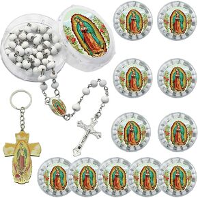 12 PCS Our Lady of Guadalupe White Bead Scented Rosaries for Baptism, First Communion Regligious Event Clear gift Box