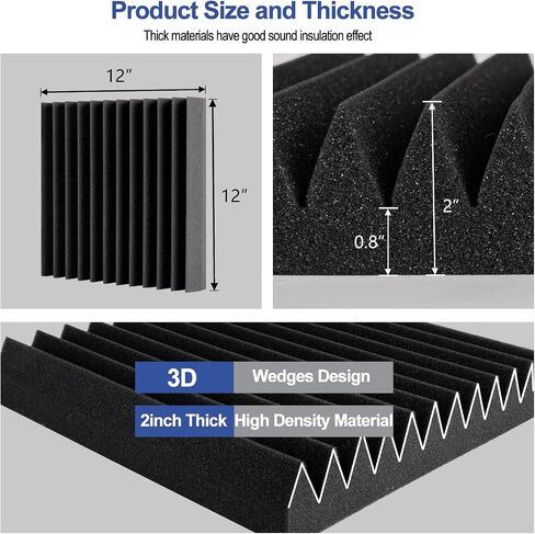 Acoustic Foam Panels,2" X 12" X 12" Wedge Acoustic Foam Panels,Self-Adhesive High Density Sound-Absorbing and Noise-Canceling Block Cotton for Studio Recording & Office & Home (Pack for 12,Gray) in Saudi Arabia