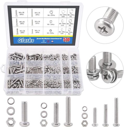 Glarks 510 Pieces Pan Head Stainless Steel Screws Nuts Lock and Flat Gasket Washers Assortment Kit in Saudi Arabia