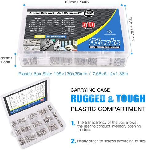Glarks 510 Pieces Pan Head Stainless Steel Screws Nuts Lock and Flat Gasket Washers Assortment Kit in Saudi Arabia