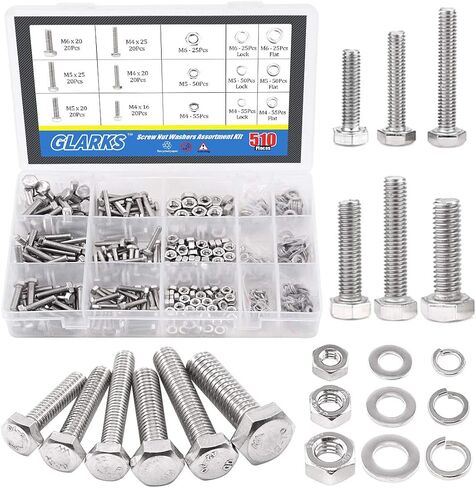 Glarks 510 Pieces Pan Head Stainless Steel Screws Nuts Lock and Flat Gasket Washers Assortment Kit in Saudi Arabia