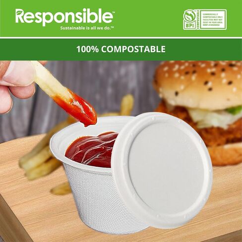 Lids for Responsible Products 2 oz Portion Cups, Tree-Less™ Compostable Molded Fiber Souffle Cup Lids, Extra Strength, Tree-Free and Made Without PFAS, White (50 Count) in Saudi Arabia