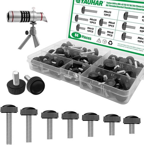 84Pcs 7 Size Carbon Steel M4 Threaded Knurled Thumbscrew Assortment Set, M4 x 10/12/16/18/20/25mm Black Round Male Clamping Knob Grips Thumb Screw for Repairing Machine in Kuwait