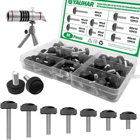 84Pcs 7 Size Carbon Steel M4 Threaded Knurled Thumbscrew Assortment Set, M4 x 10/12/16/18/20/25mm Black Round Male Clamping Knob Grips Thumb Screw for Repairing Machine in Kuwait