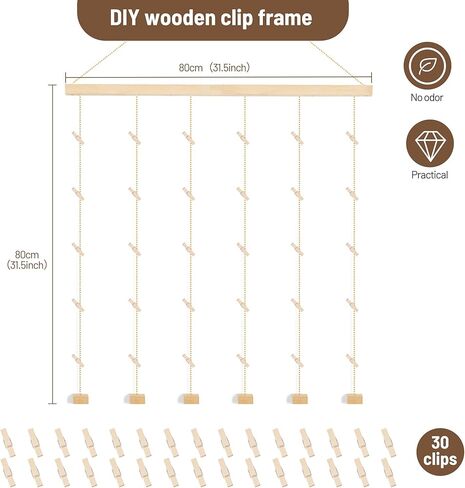 حوامل صور خشبية معلقة لعرض الصور مع 30 مشبكًا، إطارات مجمعة للصور للجدار، مناسبة للمنزل والمكتب وغرفة النوم وغرفة النوم in Kuwait