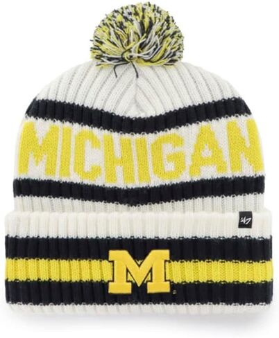 '47 Michigan Wolverines Mens Womens Bering Cuff Knit Stretch Fit White Beanie with Yellow Logo in Saudi Arabia