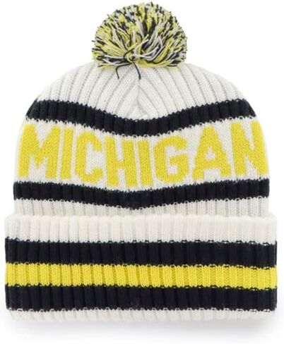 '47 Michigan Wolverines Mens Womens Bering Cuff Knit Stretch Fit White Beanie with Yellow Logo in Saudi Arabia