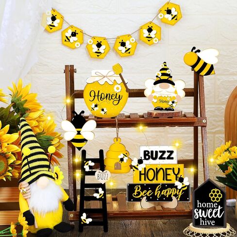 Soaoo 16 Pcs Rustic Tiered Tray Decor Gnome Plush Tray Decor Farmhouse Rustic Wood Table Signs with String Lights for Holiday Table Centerpieces Home Decorations (Bee) in Saudi Arabia