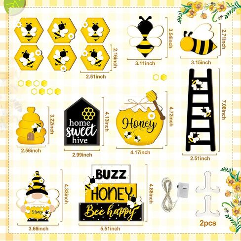 Soaoo 16 Pcs Rustic Tiered Tray Decor Gnome Plush Tray Decor Farmhouse Rustic Wood Table Signs with String Lights for Holiday Table Centerpieces Home Decorations (Bee) in Saudi Arabia