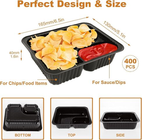 400PCS Nacho Trays for Party, 6x5 inches Plastic Nacho Holders, 2 Compartments Black Anti-Spill Nacho Containers with Chip and Dip Holder, Nacho Tray for Snacks, Movie Theater, Festivals (12Oz) in Saudi Arabia