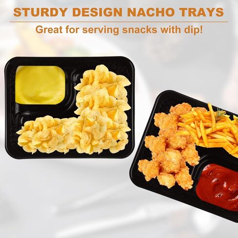 400PCS Nacho Trays for Party, 6x5 inches Plastic Nacho Holders, 2 Compartments Black Anti-Spill Nacho Containers with Chip and Dip Holder, Nacho Tray for Snacks, Movie Theater, Festivals (12Oz) in Saudi Arabia