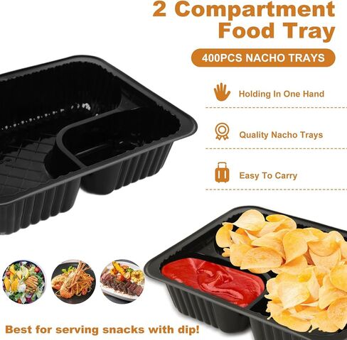 400PCS Nacho Trays for Party, 6x5 inches Plastic Nacho Holders, 2 Compartments Black Anti-Spill Nacho Containers with Chip and Dip Holder, Nacho Tray for Snacks, Movie Theater, Festivals (12Oz) in Saudi Arabia