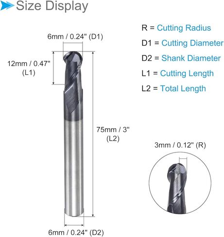 Ball Nose End Mill, 3mm Radius 6mm Shank 75mm Length, AlTiN Coated P05 Carbide 2 Flutes Milling Cutter CNC Router Bit - (Applications: for Stainless Steel Hardened Steel) in Kuwait
