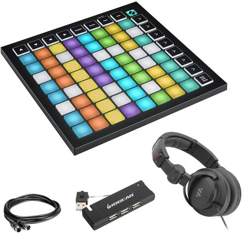 حزمة وحدة التحكم بالشبكة Novation Launchpad Mini MK3 64-Pad MIDI مع محور USB ذو 4 منافذ وسماعات رأس ستوديو وكابل MIDI in Kuwait