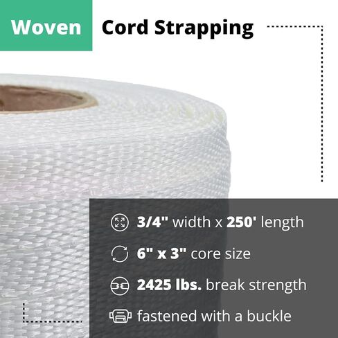 IDL Packaging 3/4" x 250' Mini Woven Cord Strapping Roll of 6" x 3" Core Size, 2425 lbs Break Strength, White (Pack of 8) - Poly Cord Strapping with Re-Tightening Option in Saudi Arabia