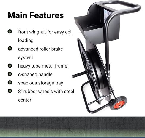 IDL Packaging CA-505 Heavy-Duty Strapping Cart & Dispenser for Steel Strapping Coils with 16" x 3" Core Size - Advanced Roller Brake System - Built-in Tray for Strapping Tools, Seals, and Gloves in Saudi Arabia