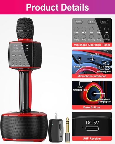XZL Karaoke Machine, Wireless Karaoke Microphone with Bluetooth Base Speaker, Portable PA System, Cinema-Like Surround Sound, Duet Mode, Built-in Sound Card for Recording/Streaming/Singing in Kuwait
