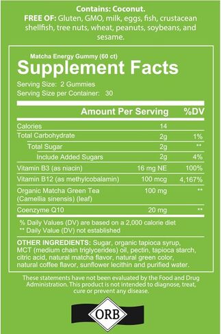 Matcha Organic Green Tea Energy Gummies, Vitamin B12, Vitamin B3, and Antioxidant CoQ10 for Natural Energy Boost, Vegan, Gluten-Free, Non-GMO and Kosher (60 Count (Pack of 1), Matcha) in Saudi Arabia