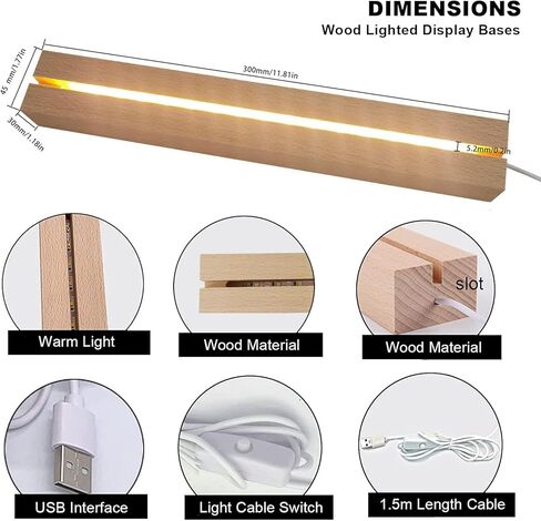 قاعدة عرض مستطيلة LED بلون دافئ، قاعدة عرض مستطيلة مقاس 11.8 بوصة، قاعدة خشبية مضاءة من الكريستال للأكريليك والكريستال والضوء الليلي وفن الراتنج الزجاجي - قطعتان in Kuwait