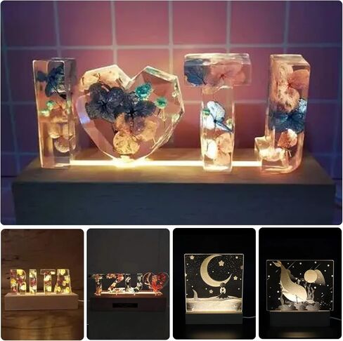 قاعدة عرض مستطيلة LED بلون دافئ، قاعدة عرض مستطيلة مقاس 11.8 بوصة، قاعدة خشبية مضاءة من الكريستال للأكريليك والكريستال والضوء الليلي وفن الراتنج الزجاجي - قطعتان in Kuwait