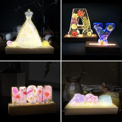 قاعدة عرض مستطيلة LED بلون دافئ، قاعدة عرض مستطيلة مقاس 11.8 بوصة، قاعدة خشبية مضاءة من الكريستال للأكريليك والكريستال والضوء الليلي وفن الراتنج الزجاجي - قطعتان in Kuwait