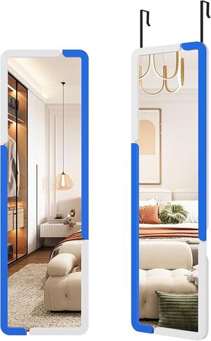 مرآة كاملة الطول 63 بوصة × 20، مرآة RGB LED مثبتة على الحائط لكامل الجسم مع 7 أوضاع ألوان خافتة، مرآة باب بإطار خشبي لغرفة النوم وغرفة المعيشة (أزرق أبيض) in Saudi Arabia
