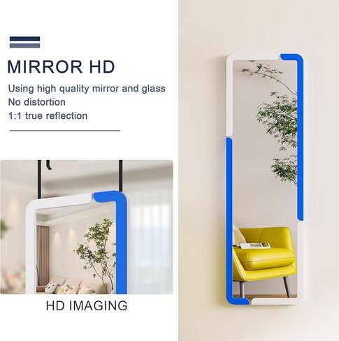 مرآة كاملة الطول 63 بوصة × 20، مرآة RGB LED مثبتة على الحائط لكامل الجسم مع 7 أوضاع ألوان خافتة، مرآة باب بإطار خشبي لغرفة النوم وغرفة المعيشة (أزرق أبيض) in Saudi Arabia