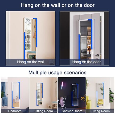 مرآة كاملة الطول 63 بوصة × 20، مرآة RGB LED مثبتة على الحائط لكامل الجسم مع 7 أوضاع ألوان خافتة، مرآة باب بإطار خشبي لغرفة النوم وغرفة المعيشة (أزرق أبيض) in Saudi Arabia