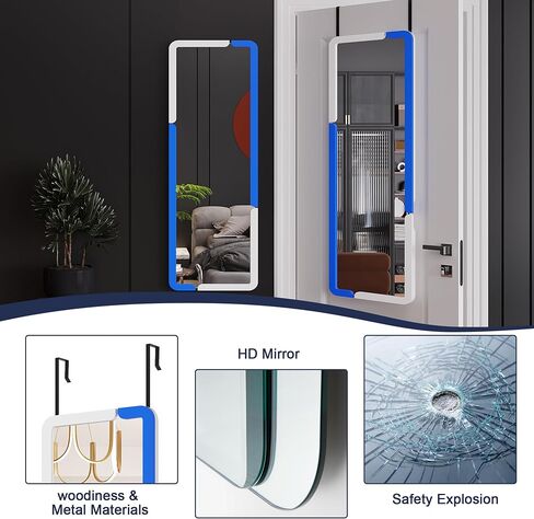 مرآة كاملة الطول 63 بوصة × 20، مرآة RGB LED مثبتة على الحائط لكامل الجسم مع 7 أوضاع ألوان خافتة، مرآة باب بإطار خشبي لغرفة النوم وغرفة المعيشة (أزرق أبيض) in Saudi Arabia