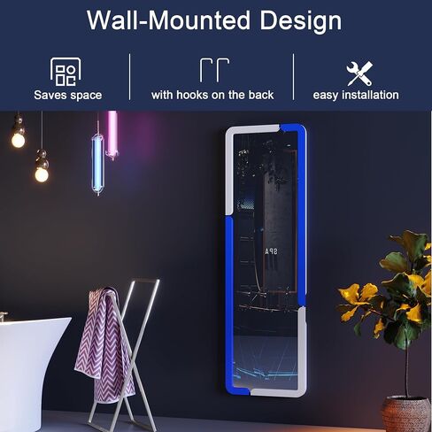 مرآة كاملة الطول 63 بوصة × 20، مرآة RGB LED مثبتة على الحائط لكامل الجسم مع 7 أوضاع ألوان خافتة، مرآة باب بإطار خشبي لغرفة النوم وغرفة المعيشة (أزرق أبيض) in Saudi Arabia