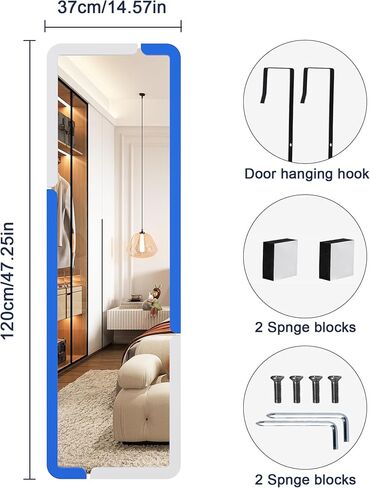 مرآة كاملة الطول 63 بوصة × 20، مرآة RGB LED مثبتة على الحائط لكامل الجسم مع 7 أوضاع ألوان خافتة، مرآة باب بإطار خشبي لغرفة النوم وغرفة المعيشة (أزرق أبيض) in Saudi Arabia