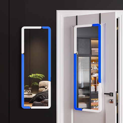 مرآة كاملة الطول 63 بوصة × 20، مرآة RGB LED مثبتة على الحائط لكامل الجسم مع 7 أوضاع ألوان خافتة، مرآة باب بإطار خشبي لغرفة النوم وغرفة المعيشة (أزرق أبيض) in Saudi Arabia