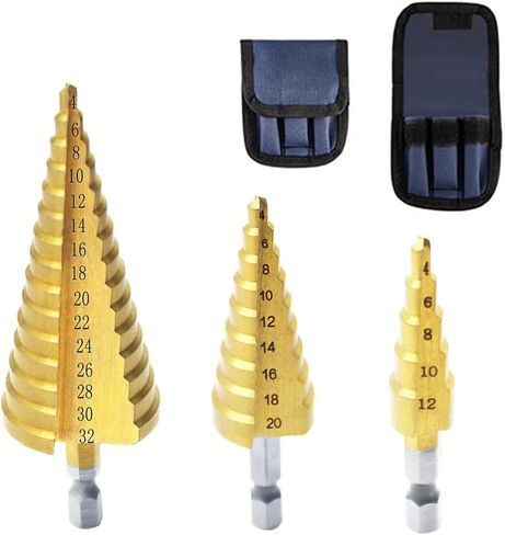 3 Pcs HSS Step Drill Bit Set, Titanium Coated High-Speed Steel Cone Drill Bit with 1/4" Hex Shank Drive for Soft Metal Sheet, Wood, Plastic, Hole Drilling (Metric 4-12mm/4-20mm/4-32mm) in Saudi Arabia