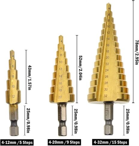 3 Pcs HSS Step Drill Bit Set, Titanium Coated High-Speed Steel Cone Drill Bit with 1/4" Hex Shank Drive for Soft Metal Sheet, Wood, Plastic, Hole Drilling (Metric 4-12mm/4-20mm/4-32mm) in Saudi Arabia