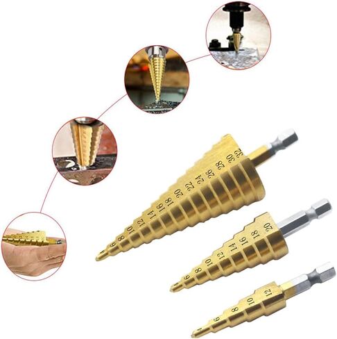 3 Pcs HSS Step Drill Bit Set, Titanium Coated High-Speed Steel Cone Drill Bit with 1/4" Hex Shank Drive for Soft Metal Sheet, Wood, Plastic, Hole Drilling (Metric 4-12mm/4-20mm/4-32mm) in Saudi Arabia