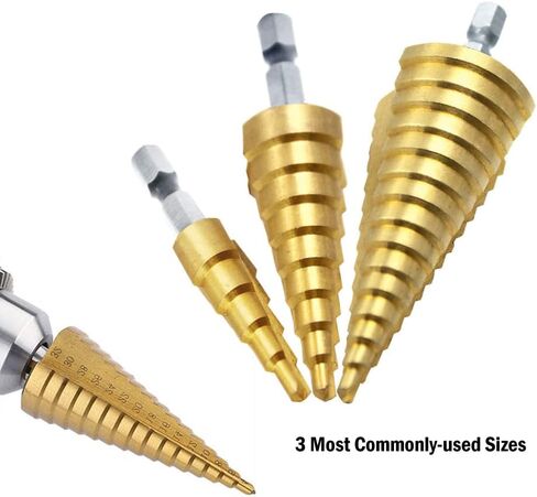 3 Pcs HSS Step Drill Bit Set, Titanium Coated High-Speed Steel Cone Drill Bit with 1/4" Hex Shank Drive for Soft Metal Sheet, Wood, Plastic, Hole Drilling (Metric 4-12mm/4-20mm/4-32mm) in Saudi Arabia