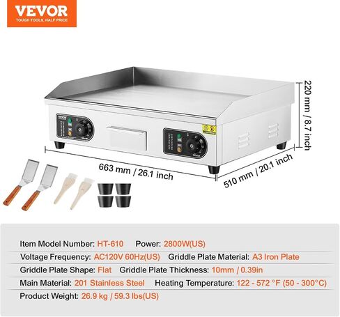 VEVOR Commercial Electric Griddle, 2800W Countertop Flat Top Grill, 26in Stainless Steel Griddle Grill with 2 Shovels and 2 Brushes for Home or Restaurant, 122℉-572 ℉ Adjustable Temp in Saudi Arabia