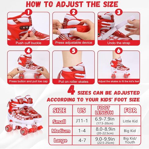 Kids Roller Skates for Boys Girls Child Toddler Beginners, 4 Sizes Adjustable Quad Skates with All Light up Wheels - Birthday Gift for Indoor Outdoor Sports in Saudi Arabia