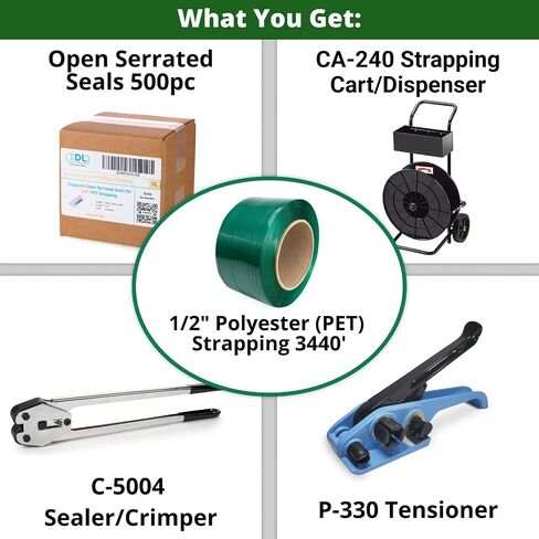 IDL Packaging Standard 1/2" x 3440' Polyester (PET) Strapping Kit with Cart, 780 lbs Break Strength - Complete Packaging Strapping Solution - Enough Strap and Seals for 500 Uses Before Refill in Saudi Arabia