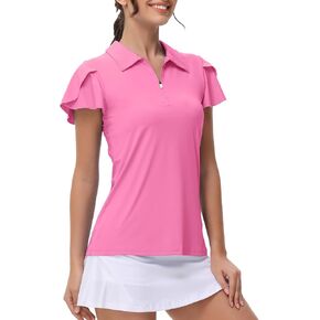 Womens Ruffle Short Sleeve Shirts Slim Fit Zipper V-Neck UPF 50+ Sun Protection Tops for Exercise & Fitness