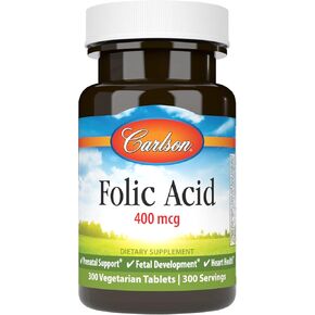 Carlson - Folic Acid, 400 mcg, Provides Important Prenatal Support, Fetal Development, 300 Tablets