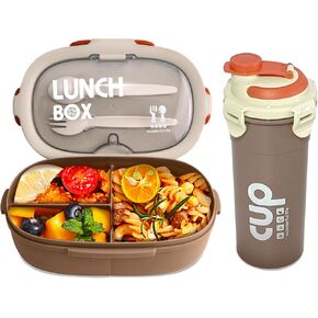 2 Pack Set Bento Box (29oz）and Water Bottle（16oz）for Kids/Adult, Bento Lunch Box with 3 Compartments and Utensils, Leak-Proof, Microwave/Dishwasher Safe, BPA-Free Lunch Containers for Kids