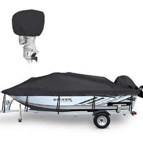 Boat Cover 14-16 ft, Waterproof Bass Boat Cover 14 15 16 Foot, 14'-16' Boat Cover, 800D Canvas Heavy Duty Boat Cover 16 feet with Motor Cover, Fits V-Hull, Fishing, Runabout Bowrider Boat