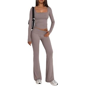 Trendy Queen Womens Two Piece Lounge Sets 2 Piece Fall Outfits Long Sleeve Square Neck Tops Flare Pants Tracksuits Clothes