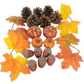 20 PCS Kit Artificial Pumpkins Decorations, 6 Pine Cones, 6 Acorns, 4 Pumpkins, 4 Maple Leaves Used for Fall House Decorations