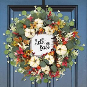 DAZONGE Fall Decor - 18 Inch Fall Wreaths for Front Door - Autumn Artificial Pumpkin Eucalyptus Maples Leaf Wreath - Rustic Fall Thanksgiving Decorations for Home Outdoor Mantel Window Wall