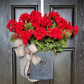 2024 New Decor Wreath, Red Geranium Bucket Wreath for Front Door Summer Wreath Bucket Versatile Decor Farmhouse Colorful Cottage Wreath for Home