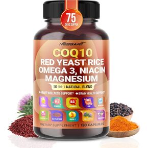 COQ10 + Red Yeast Rice 6,000mg Supplement - 10-in-1 Natural Blend with Omega 3 Vitamin B3, K2, D3, Zinc Milk Thistle Black Pepper - 150 Count - Made & Tested in The USA