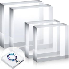 4 Pieces Acrylic Square Display Block 3 x 3 x 1 Inches, 4 x 4 x 1 Inches Clear Polished Acrylic Cube Acrylic Jewelry Display Stand Ring Showcase Display Holder Base